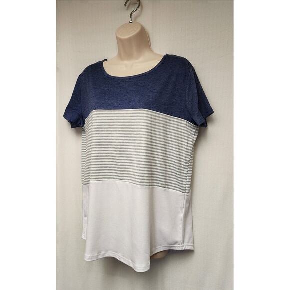 Yun Jey Women's Blue White Grey Stripe Short Sleeve T- Shirt - Size Large - Picture 6 of 8